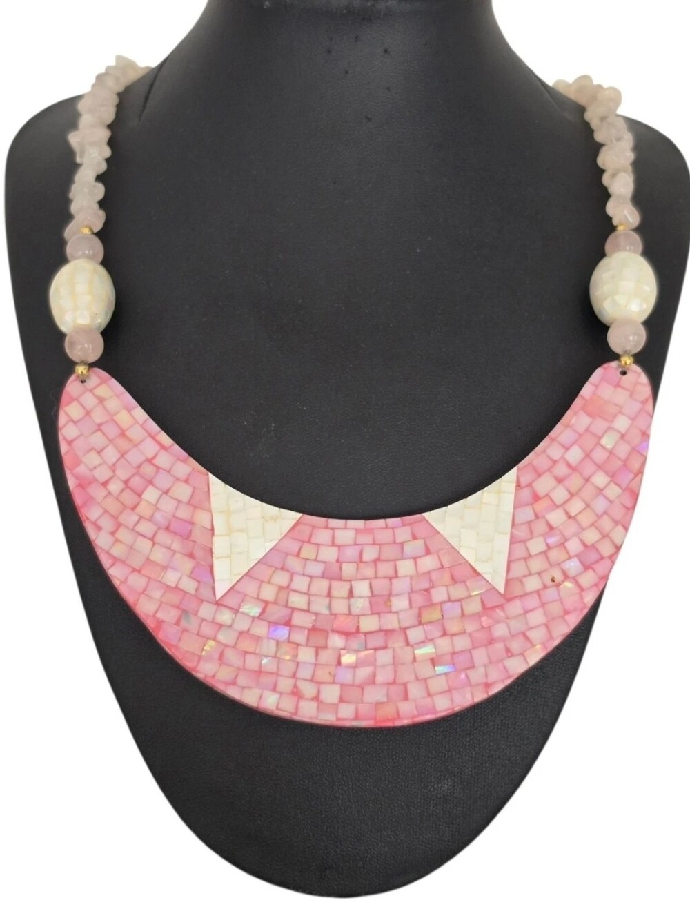 Pink Mother of Pearl Mosaic Crescent Bib Necklace Rose Quartz Chip Beads 20.5"